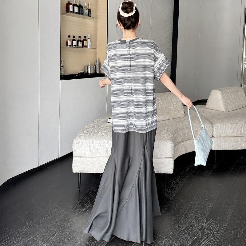 DIMANAF 2026 Summer New Plus Size Women Long Dress Striped Cotton V-Neck Short Sleeve Lady Shirts Dress