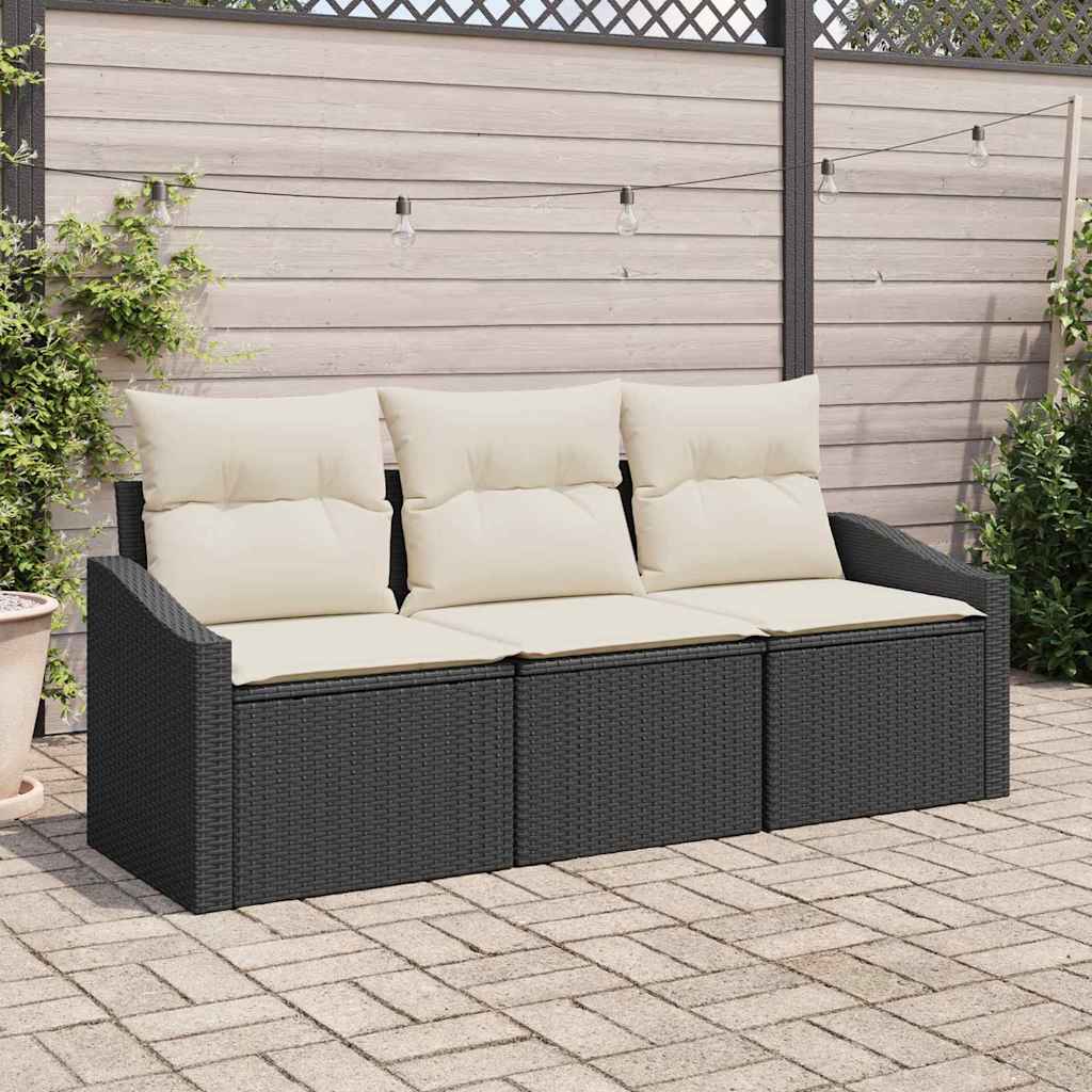 3 Piece Sofa Set with Cushions Black Poly Rattan