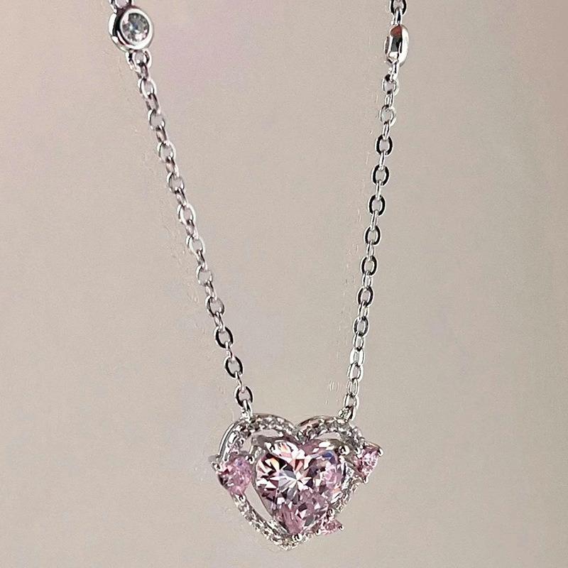 Korean Fashion Pink Crystal Heart Pendant Necklaces Women Girls Y2K Sparkling Rhinestone Fairy Clavicle Chain Jewelry Gifts