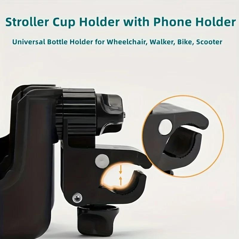 2-in-1 Universal Kinderwagen Wasserbecherhalter mit Handyhalter, Universeller Flaschenhalter für Rollstuhl-Kinderwagen-Zubehör