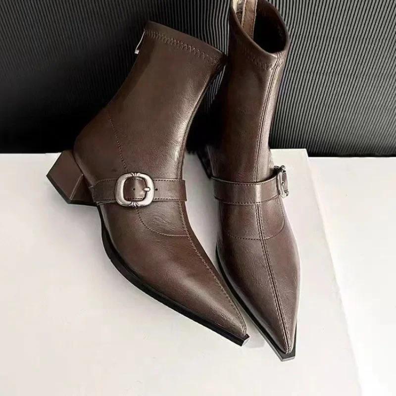 Pointed Toe Heeled Ankle Boots For Women Mid Heels Leather  Winter Trend Gothic Boots Pumps Walking Retro Mujer Botas