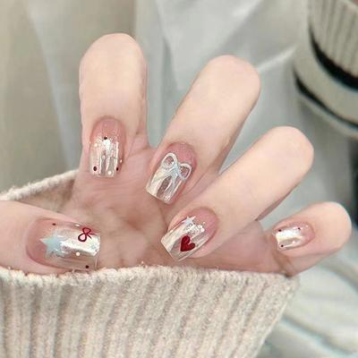 24 Pièces Mignonnes Tablettes Nail Art Petits Patchs à Ongles Frais Porter Ongle Amovible Nœud d'Amour Étoiles Petits Courts T Nail Art