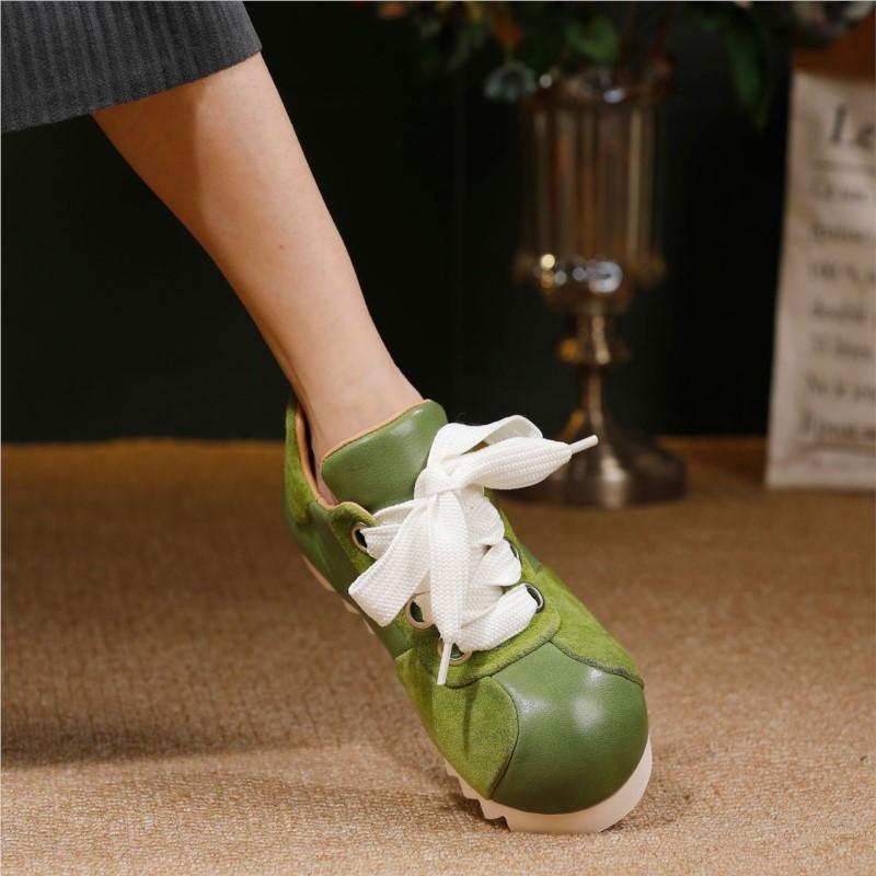 Johnature Genuine Leather Women's Shoes Casual Sports Lace-up Round Toe Versatile Flat Shoes