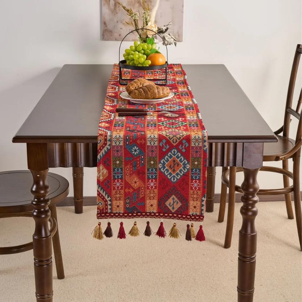 Chinese Style Vintage Tassel Table Runner Jacquard Living Room Bed Tail Coffee Dining Table Decoration Accessories Rustic Decor