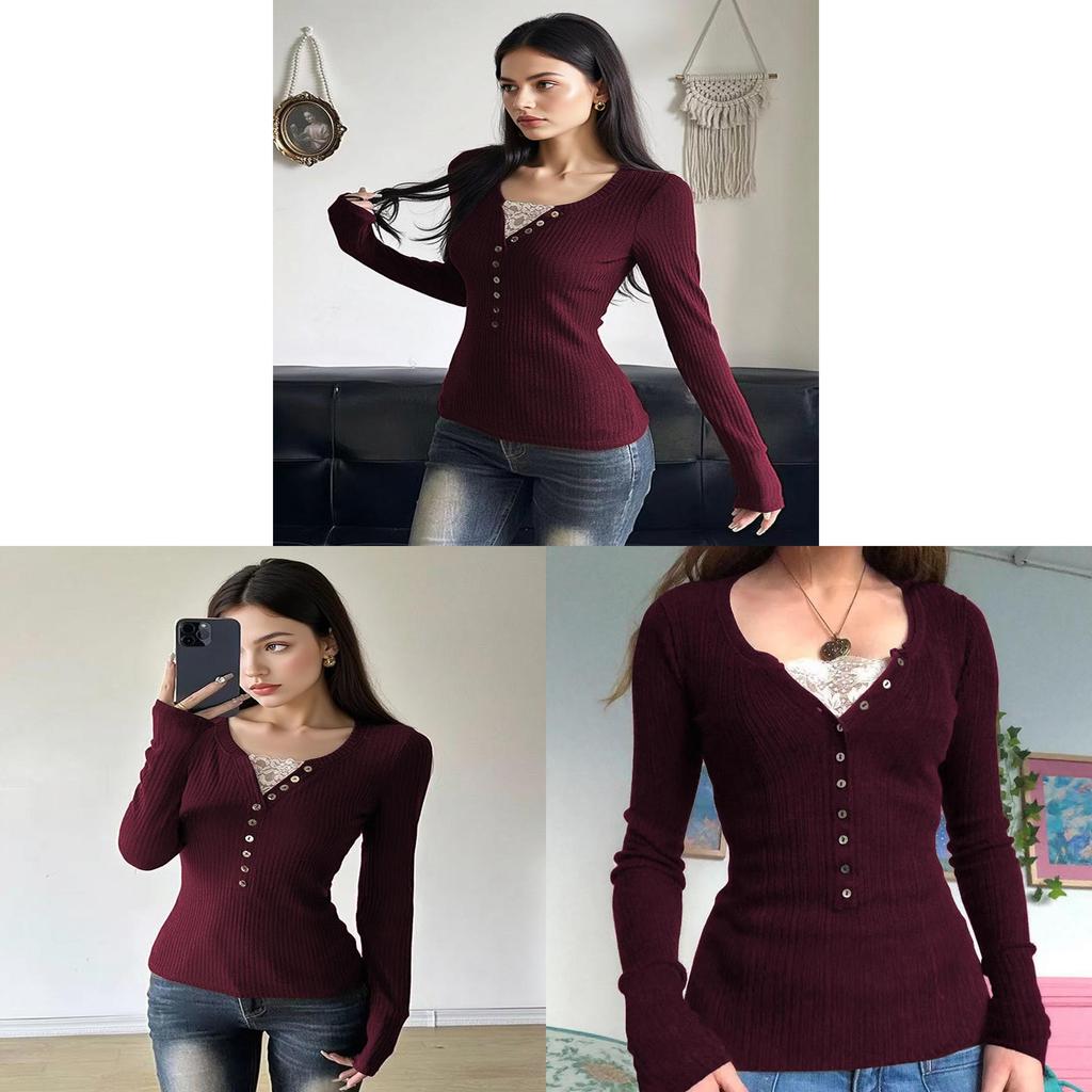 Camicetta Retro con Bordi in Pizzo e Design Spliced per Streetwear Casual