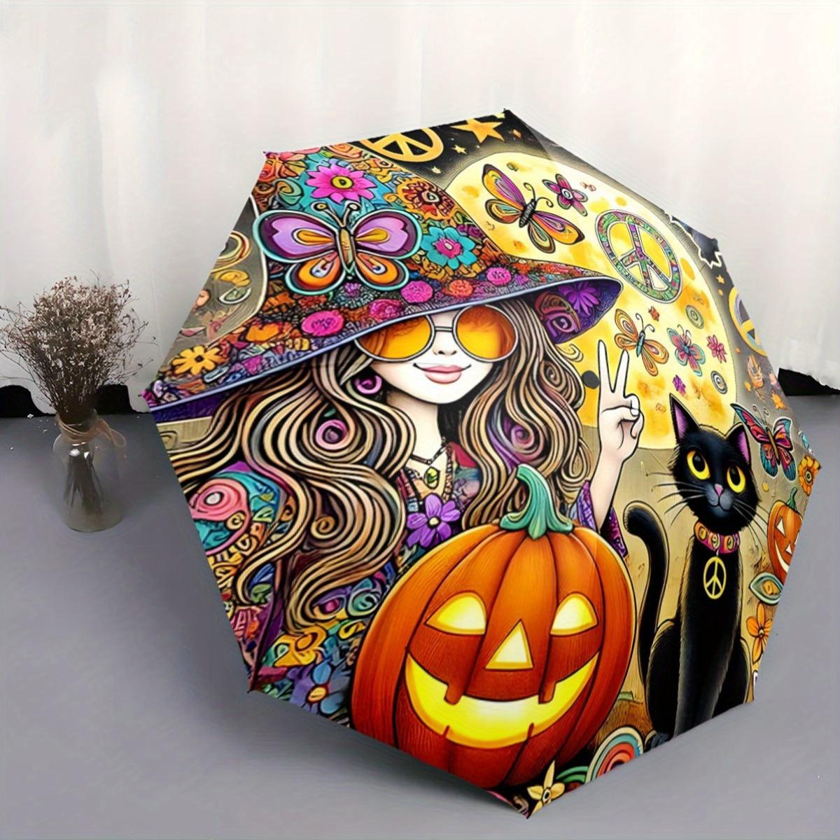 

Automatic Open/Close Umbrella with Halloween Jack-o -Lantern, Black Cat, Peace Symbols - Automatic Folding Umbrella, Compact T Iron&8K