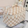Simple Premium Makeup Bag In Checkered Pattern, Multifunctional Makeup Storage Bag Tote Bathroom Shower Purse Bag Portable Makeup Brush Clutch Bag