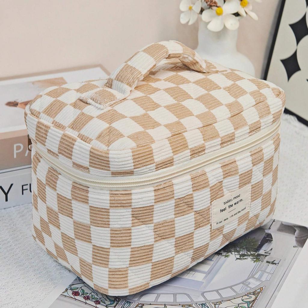 Simple Premium Makeup Bag In Checkered Pattern, Multifunctional Makeup Storage Bag Tote Bathroom Shower Purse Bag Portable Makeup Brush Clutch Bag