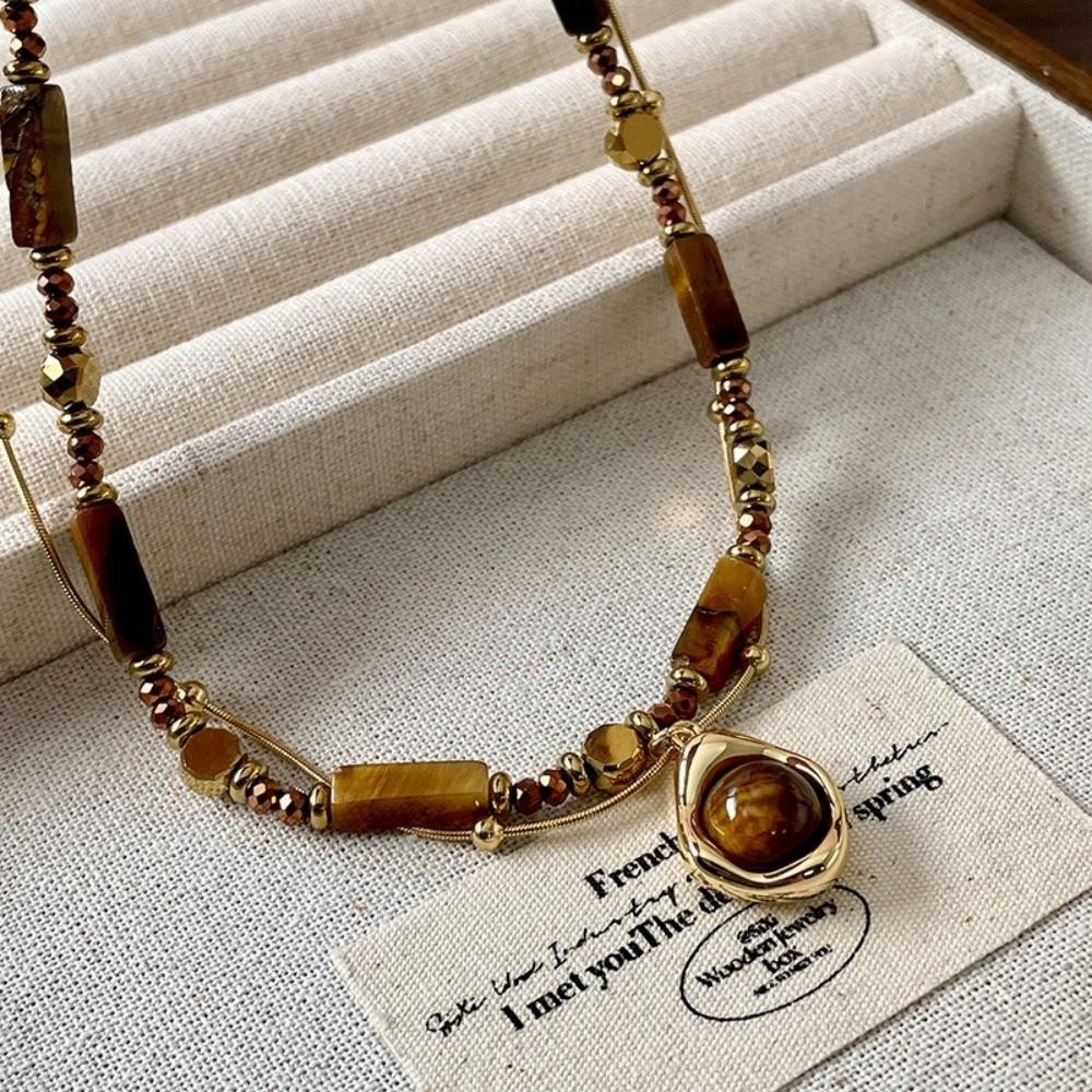 Stacking Sweater Chain Alloy Clavicle Chain Retro Tiger Eye Stone Pendant Necklace
