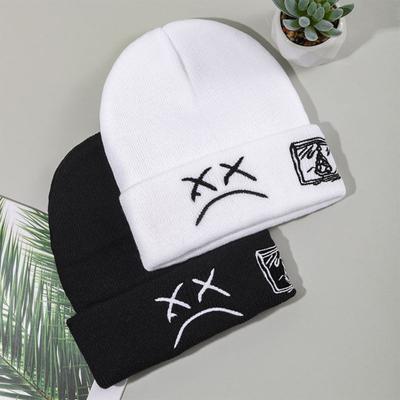 Winter Women Embroidery Knitting Hat Sad Expression Pattern Beanie Hat Hip Hop Style Women Men Warm Woolen Hat