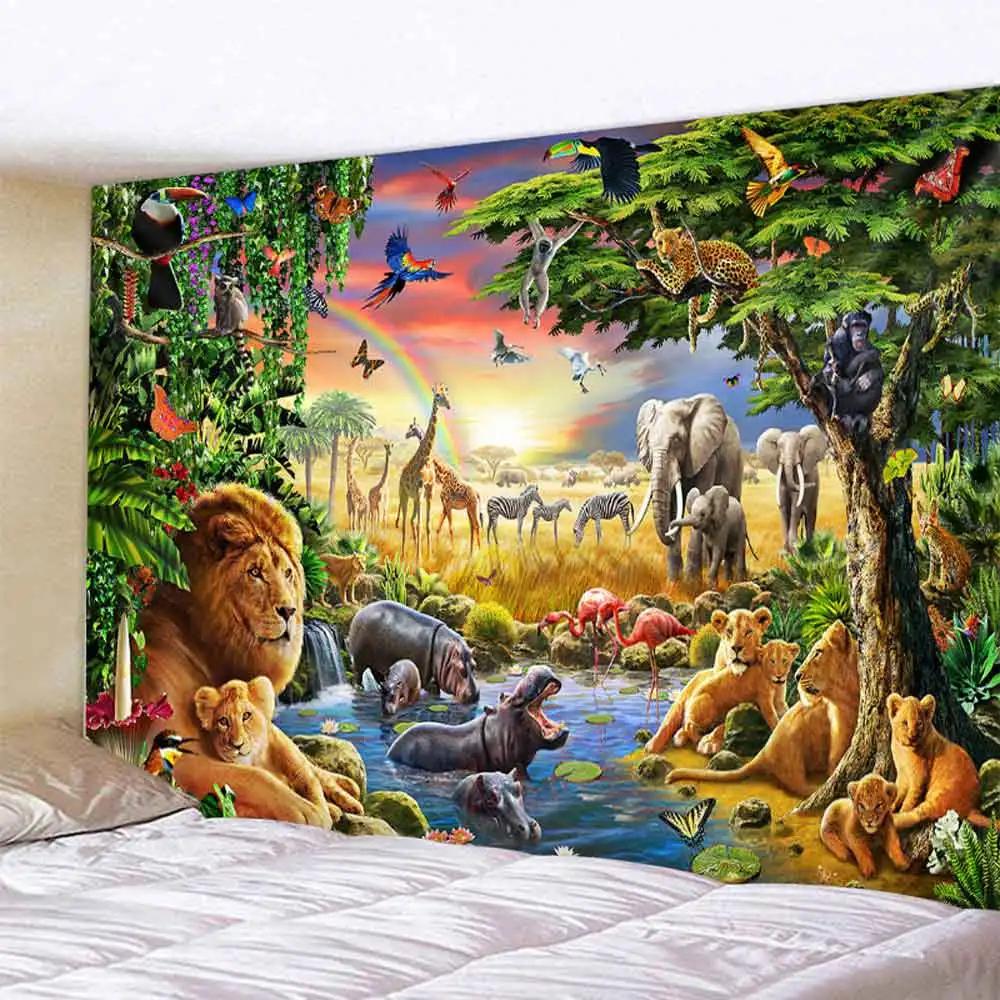 Forest Animals Dinosaur Tiger Wall Hanging Tapestry Art Deco Blanket Curtain  at Home Bedroom Living Room Decor