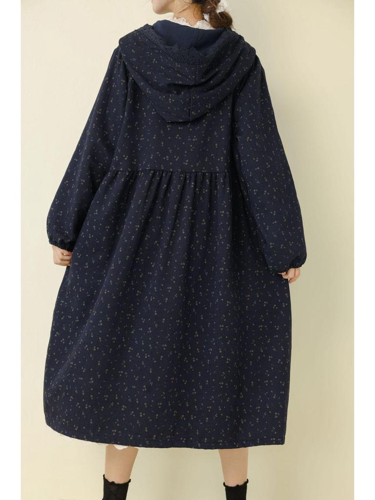 Herbst/Winter Floral Mori Stil Kapuzen Baumwolle Leinen Kleid Mantel für Damen