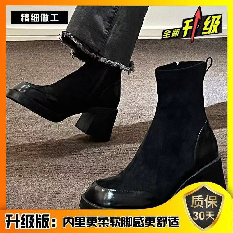 Size 35-43, Large Size Women's Shoes High Heel Martin Boots Women's 41 Thick Heel Retro Fleece Skinny Boots British Short Boots 42