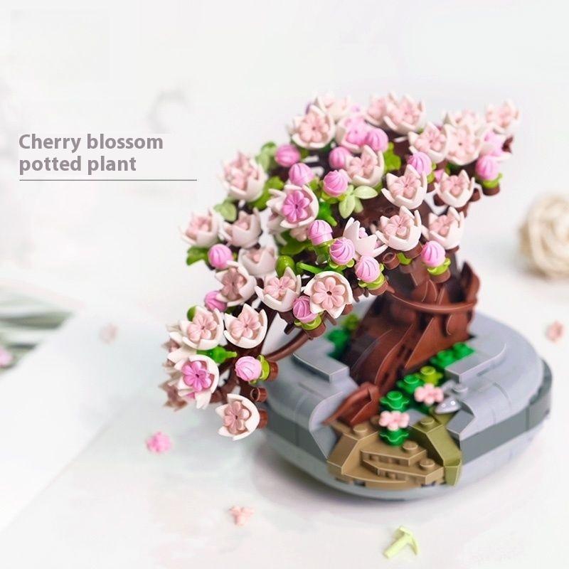 Sakura Saksıda Buket Yapı Taşları Bitki Bonsai Sukulent Model Tuğlalar Süsler Çocuk Eğitici Kendin Yap Oyuncak Tatil Hediyeleri