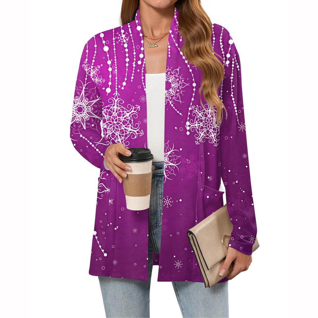 Women's Christmas Printed Lightweight Cardigan Long Sleeved Casual Loose Thin Fit With Pockets Cardigan Jacket