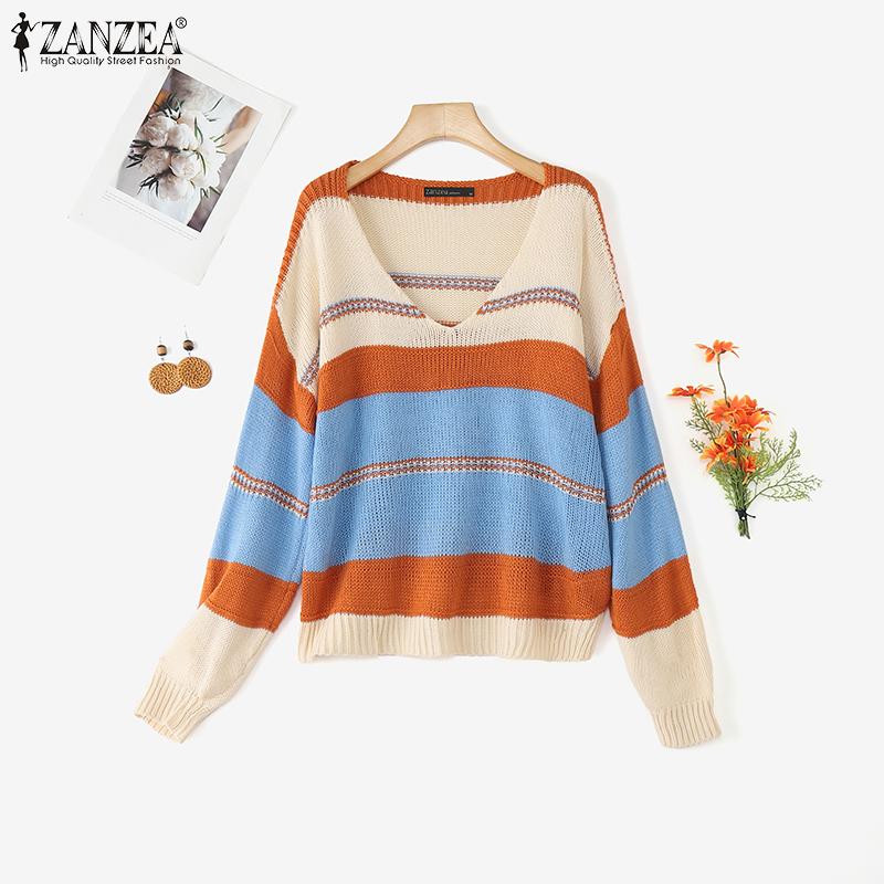 

ZANZEA Autumn Women V Neck Long Sleeve Striped Casual Knitted Sweaters Jumpers L светло-синий