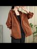 Woman Autumn Vintage Loose Casual Personality Coat Zipper Solid Color Long Sleeves Hooded Coat