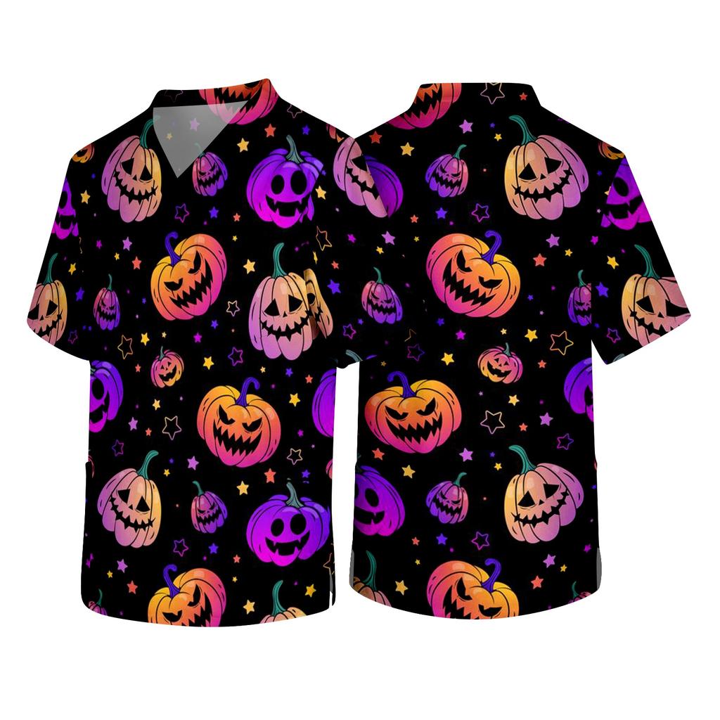 Men V Neck Short Sleeve Halloween Print Top with Chest Pocket for Healthcare Workers Comfortable Fit Scrub Shirt