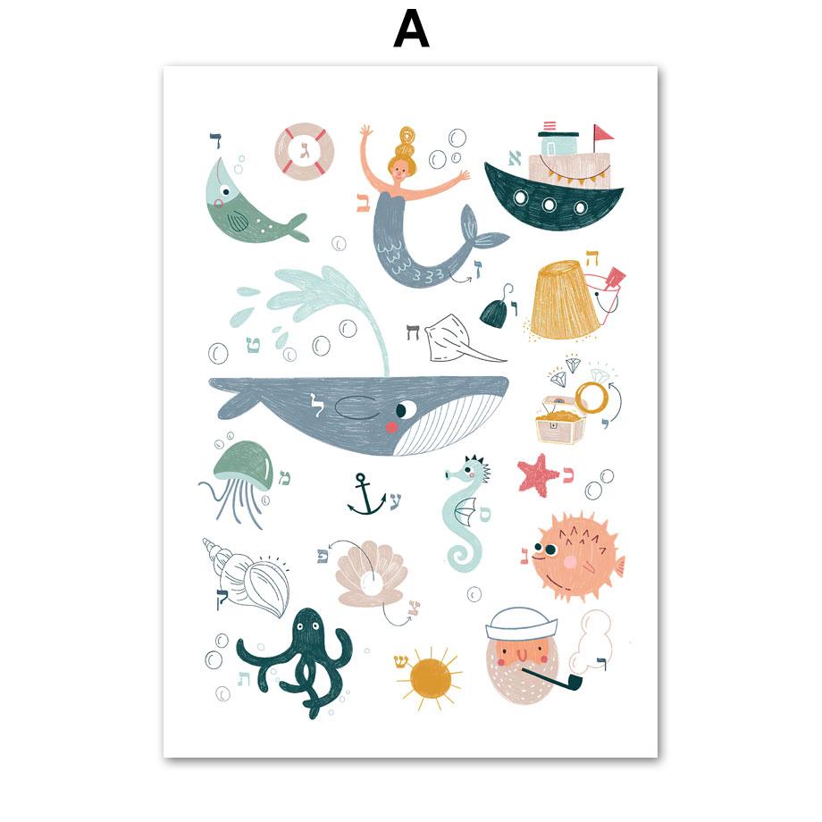 

Hebrew Alphabet Animals Education Nursery Wall Art Canvas Painting Posters And Prints Wall Pictures Baby Kids Room Decoration 21cm×30cm NoFrame