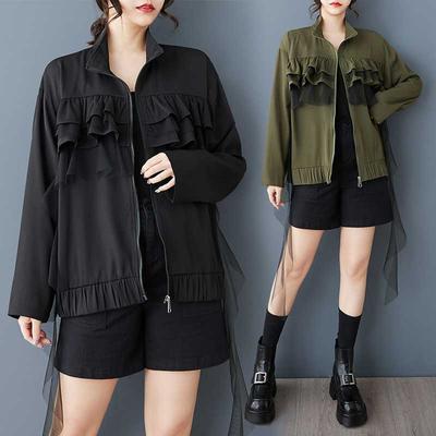 Spring New Style Loose Fashion Design Feel Flounder Stitching Mesh Collar Zipper Jacket