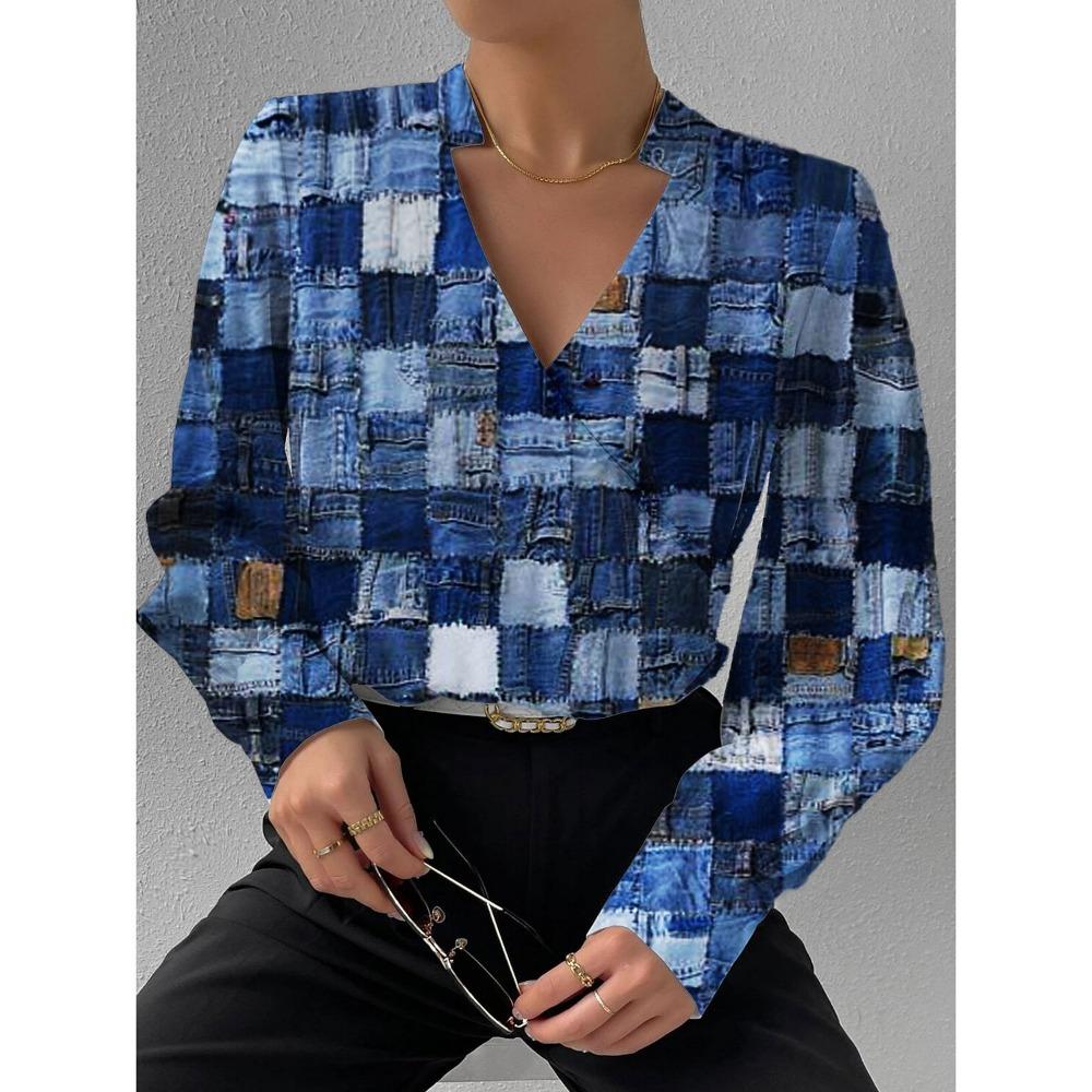 

Женская осенняя рубашка с длинными рукавами и V-образным вырезом в стиле пэчворк XXL