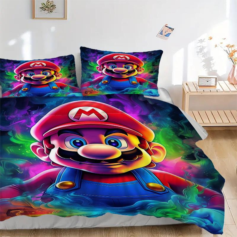 3pcs Colorful Super Mario Bedding Set - Includes 1 Quilt Cover and 2 Pillowcases, Comfortable Bedding with Stylish Design for Bedroom, Machi