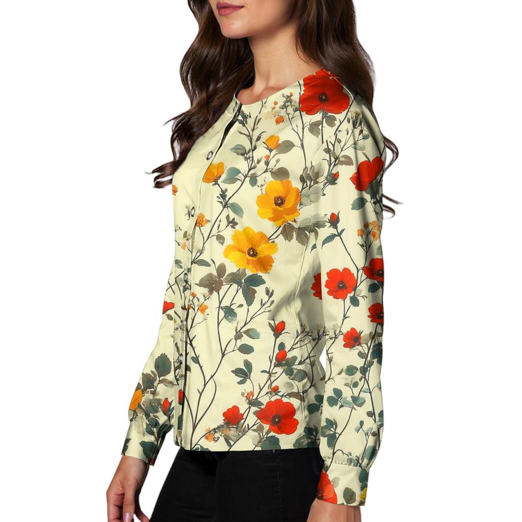 Women Long Sleeve Casual Cardigan Floral Print Button Front Lightweight Open Front Workwear Top