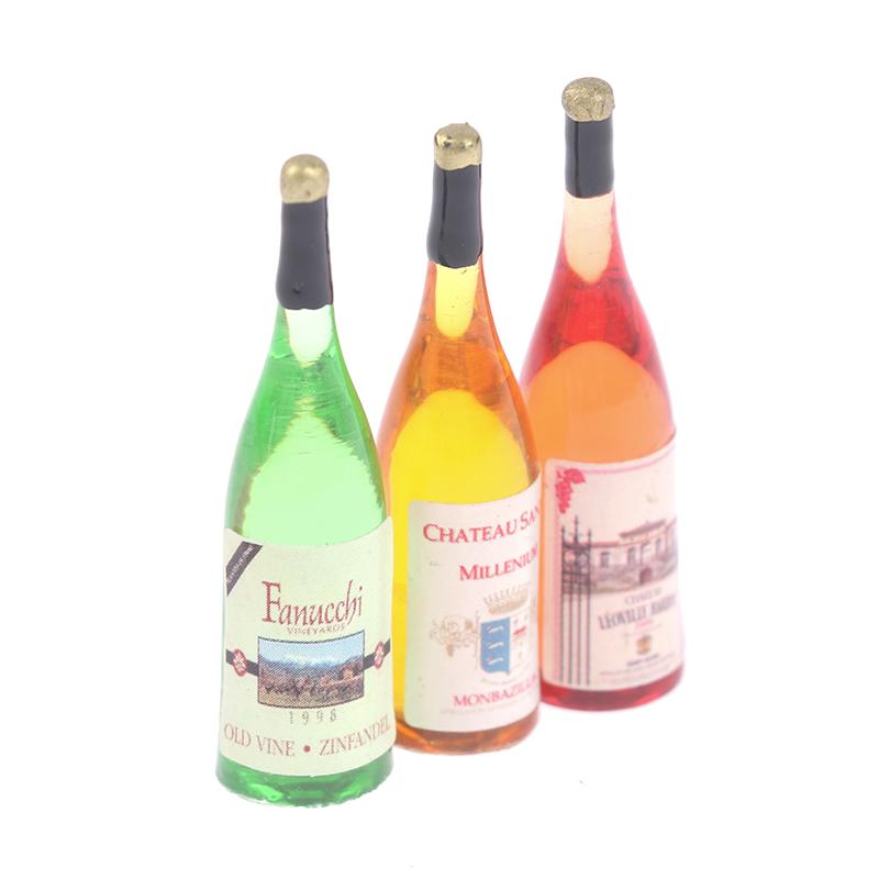 3Pcs/Set 1/12 Dollhouse Miniature Mini Simulation Wine Bottle Model Decor Toys