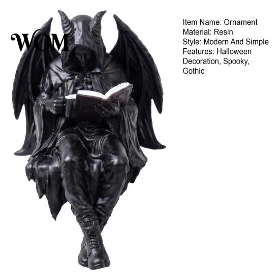 Sensenmann Statue Halloween Lesen Buch Skelett Figur, Gruselige Teufel Harz Skulptur, Gothic Dekoration Schwarzer Umhang für Zuhause Büro Bücherregal