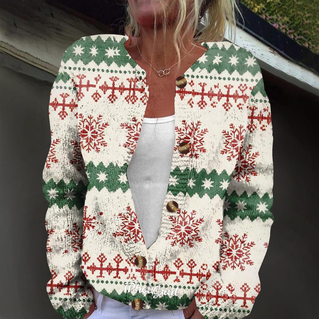 Women's Fashion Christmas Print Long Sleeve Knitted Cardigan Button Jacket