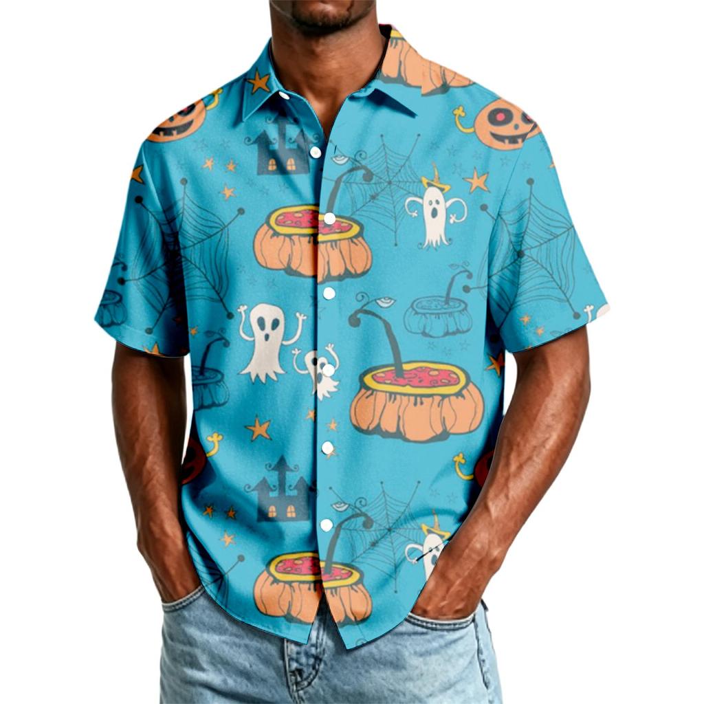 Herren Freizeithemd Kurzarm Button-Down Halloween-Print Leichtes Atmungsaktives Gewebe Lockere Passform Hemd für den Alltag