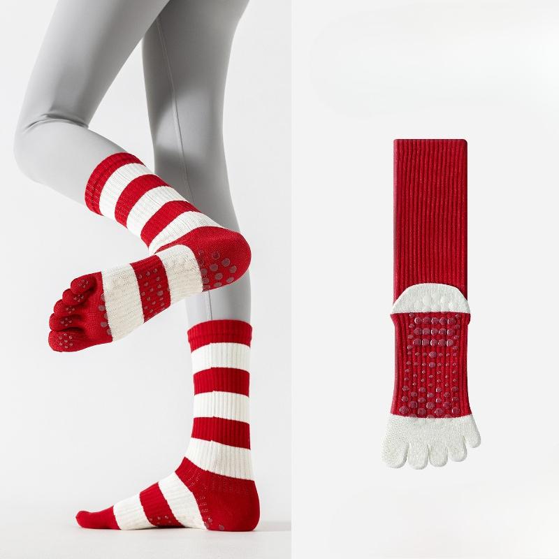 Five-finger Yoga Socks with Anti-slip Properties for Pilates Training Exercises. Red Striped Long Ankle Socks with Split Toes.