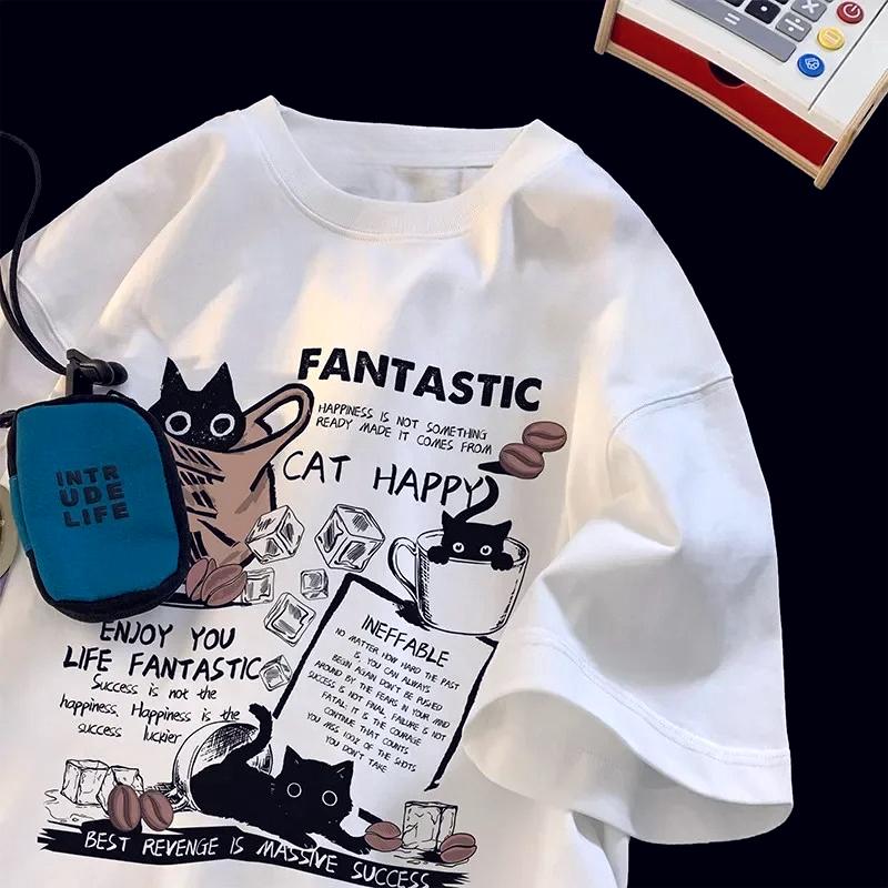 

2026 New Women T Shirt Pullover Oversize Korean Version Cartoon Cat Group Printed TShirt Casual Short Sleeve Couples Y2k Shirt S