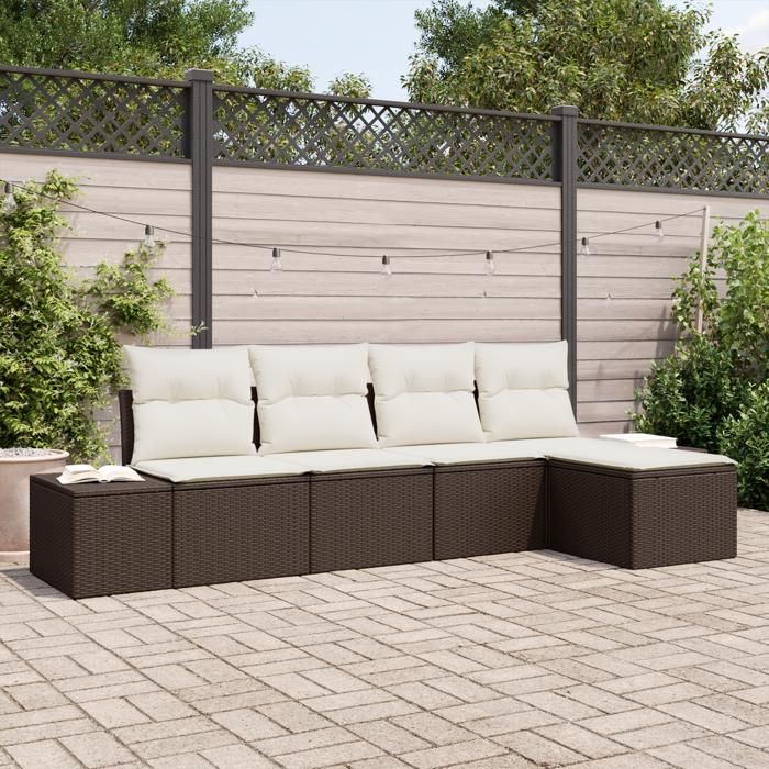 VidaXL Ensemble de canapé de jardin de 5 pièces avec coussins en polyrotin marron 3355687