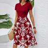 Women's Casual Fashion Belted Floral Print Short Sleeve Round Neck Elegant Dress