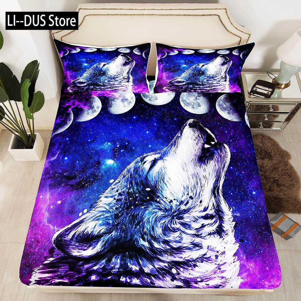Galaxy Wolf Duvet Cover Set Full Size Bedding Set for Boys Girls Wolf Head Printed Duvet Cove Set 1 Quilt Cover 2 Pillowcases