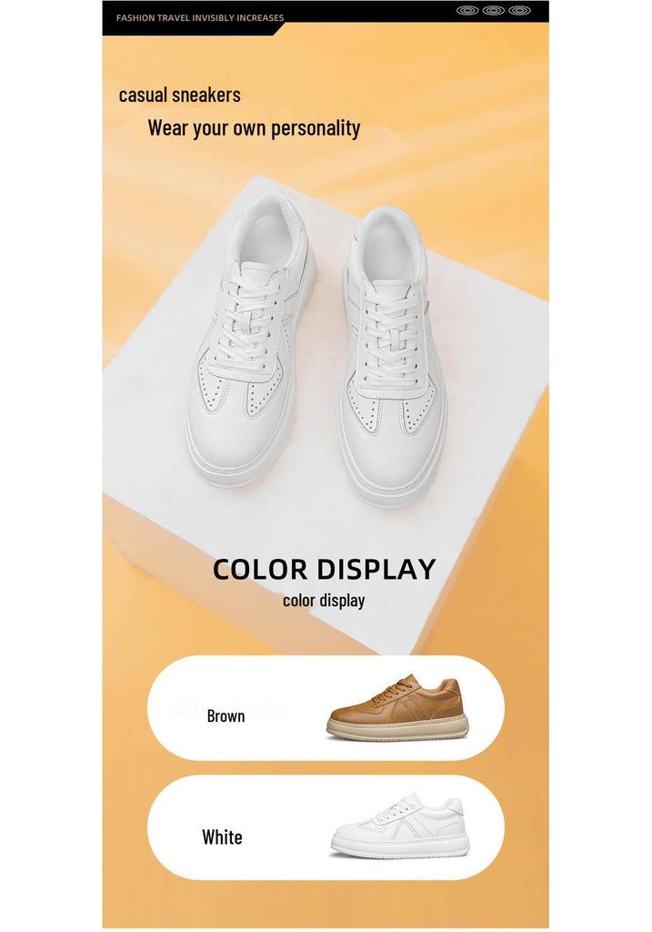Men's 8CM Height-Increasing White Skate Shoes - Thick Sole, Lightweight, Versatile Lace-Up Casual Sneakers In Large Sizes