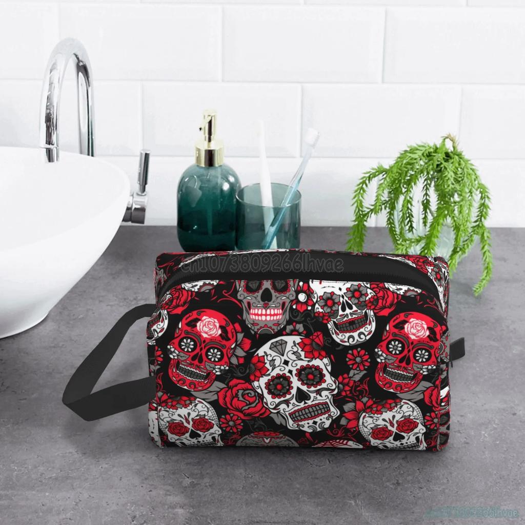 Halloween Bunte Blumige Zuckerschädel Kosmetiktaschen für Frauen Große Kapazität Reise-Make-up-Tasche Tragbar Reise Wasserdicht Geschenk