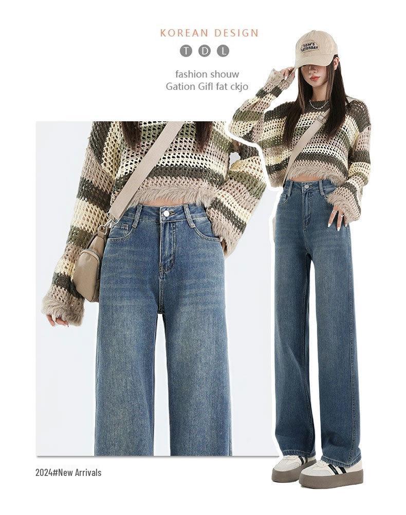 Women's High-Waisted Retro Straight-Leg Jeans - Figure-Flattering, Floor-Length, Casual Wide-Leg Design