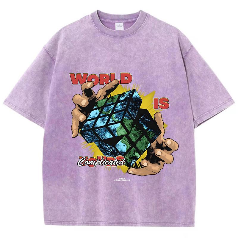 Casual Womans Acid Wash T-Shirts World Is Complicated Cube Prints Tops Crewneck Oversize Cotton Tee Shirts Trend Clothes