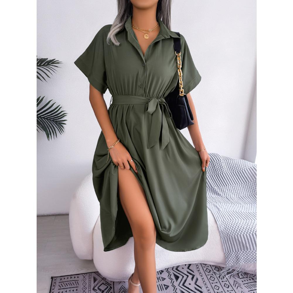 

Ins Style Real Shot Летняя повседневная свободная однотонная юбка-рубашка на шнуровке Длинная юбка Женская одежда S зелёный