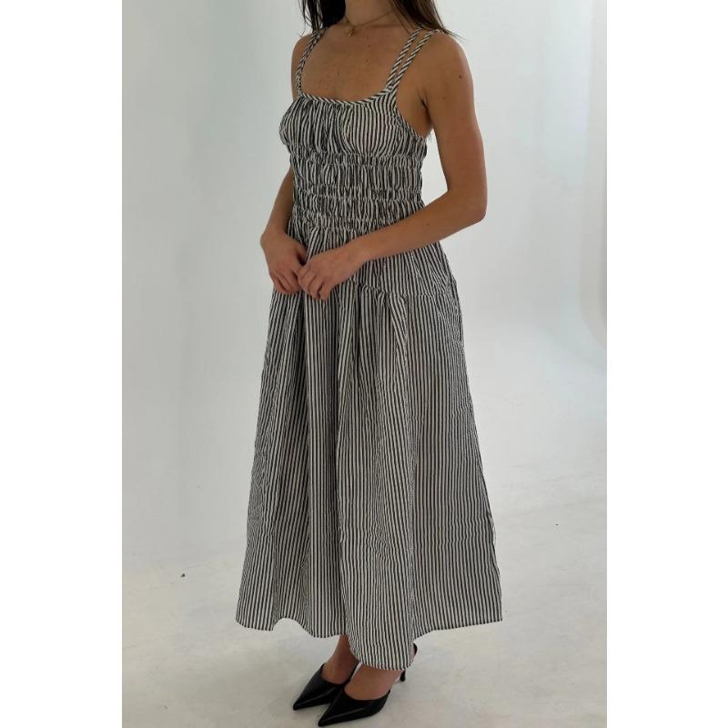 Women Sexy Loose Striped Suspender High Waist Slimming Commuting Midi Dress