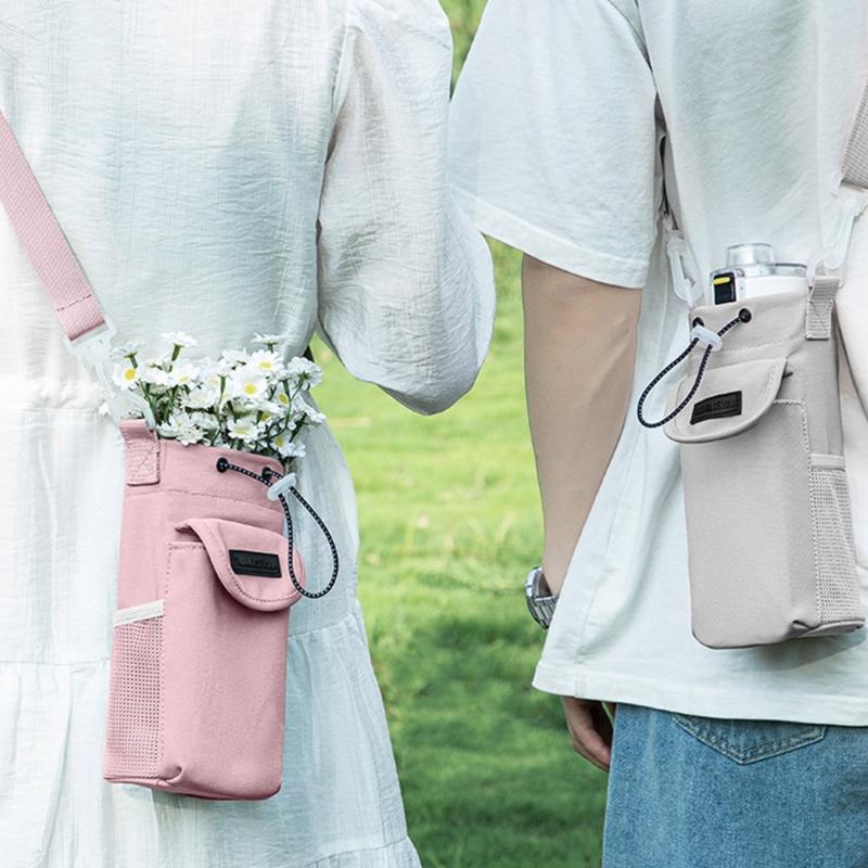 Water Bottle Bag with Adjustable Strap and Storage Pocket Water Cup Sleeve Drinkware Holder for Hiking and Camping