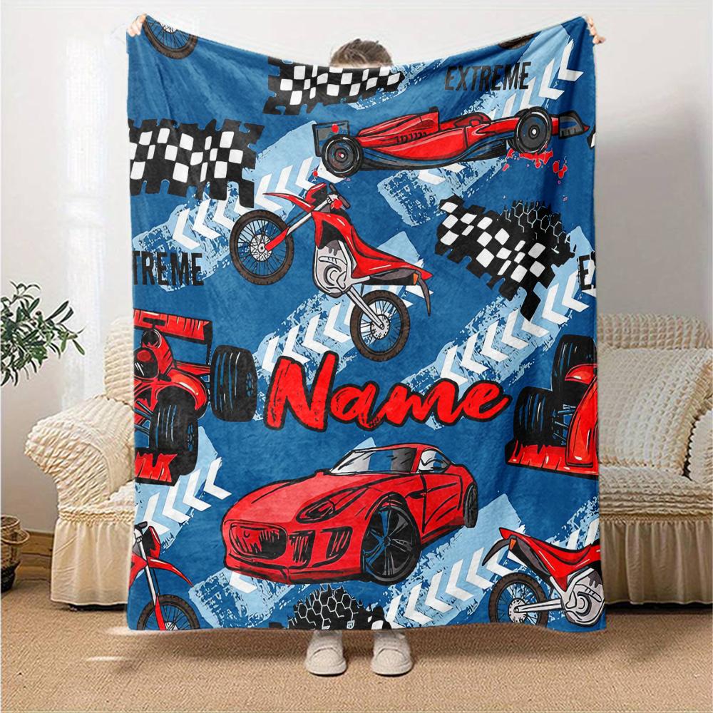 Custom Name Racing Theme Printed Blanket - Perfect for Couch, Bed, Travel & Outdoor Use | Machine Washable, Cozy & Durable.