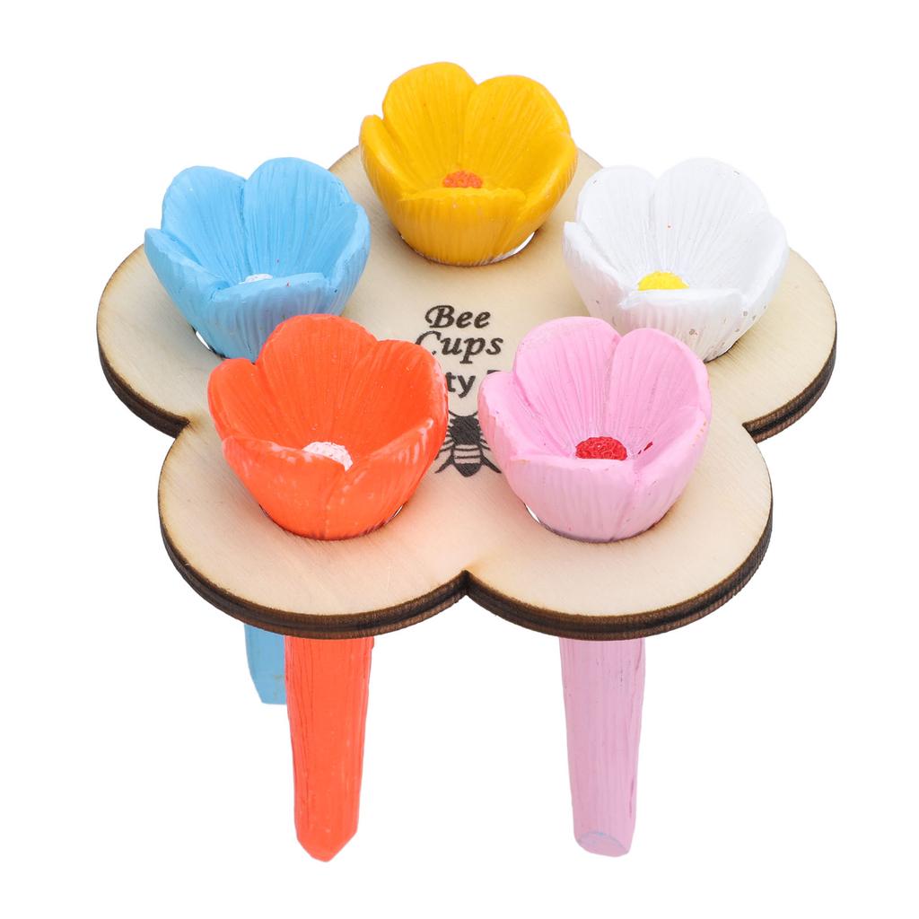 5PCS Bees Drinking Cup for Garden Resin Colorful Pollinator Bee Watering Station with Wooden Stand