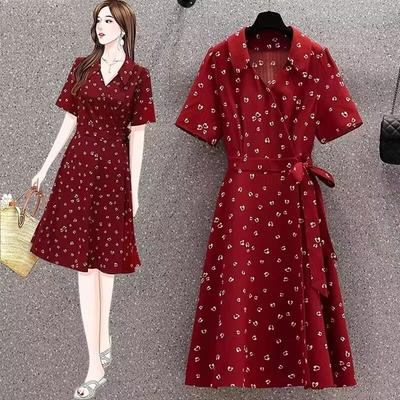 Retro Style Plus Size Summer Chiffon Tea Length Dress In Red, Ideal for Petite and Curvy Women, Slim Waistline Design