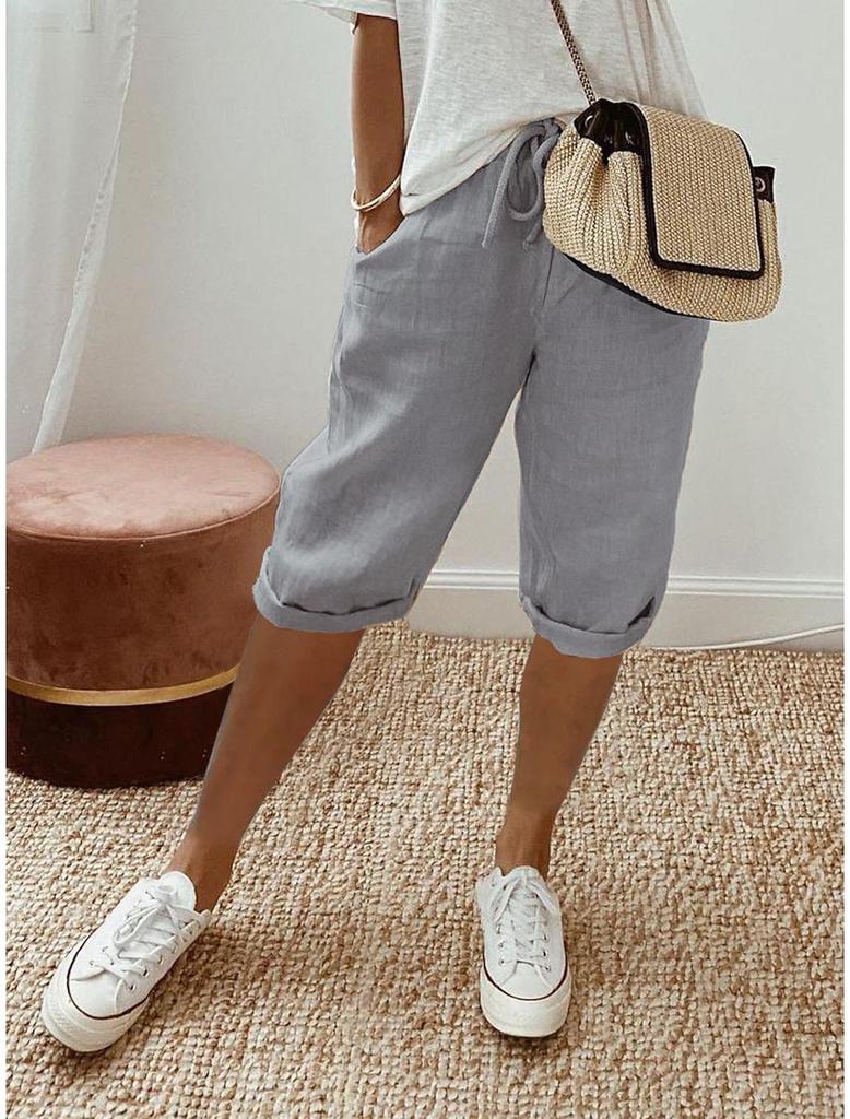 Pantaloni scurți casual din amestec de bumbac și in cu talie elastică și buzunare