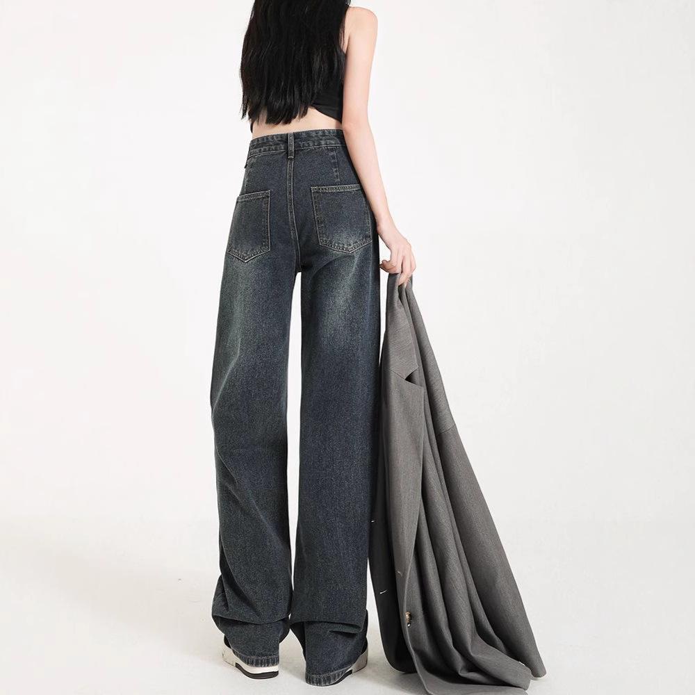 Women's Retro Wide-Leg High-Waisted Jeans - Slimming Loose Fit, Floor-Length, Spring/Autumn 2024