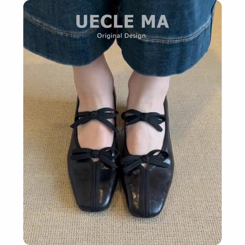Sheepskin~ Genuine leather single shoes women's thick heels are not tired of high heels, ballet shoes retro bow Mary Jane shoes