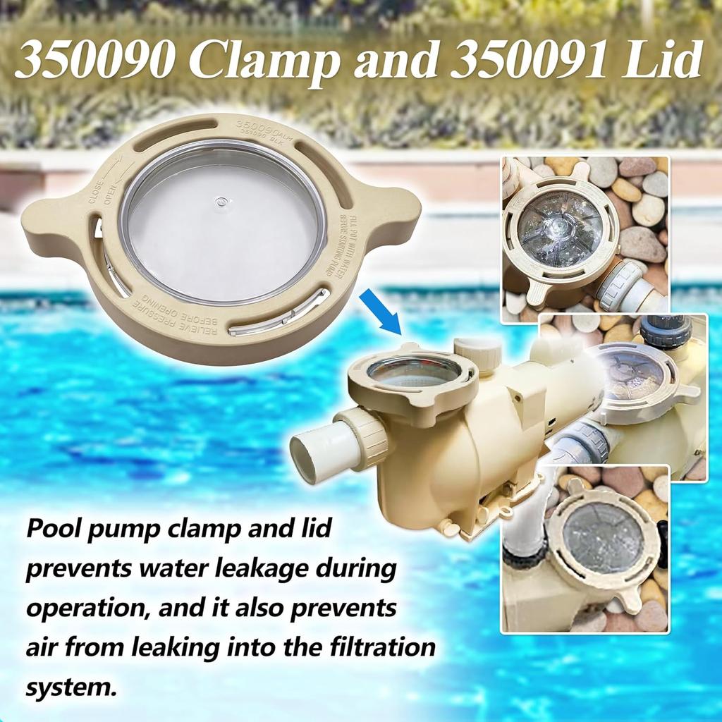 350090 Clamp and 350091 Lid Replacement for Superflo Inground Pool and Spa Pumps,Include O-Ring,Complete Pool Pump Locking Ring Aftermarket Part.